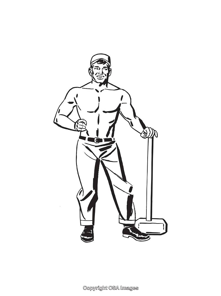 Black and White Line Art of a Man Holding a Sledgehammer