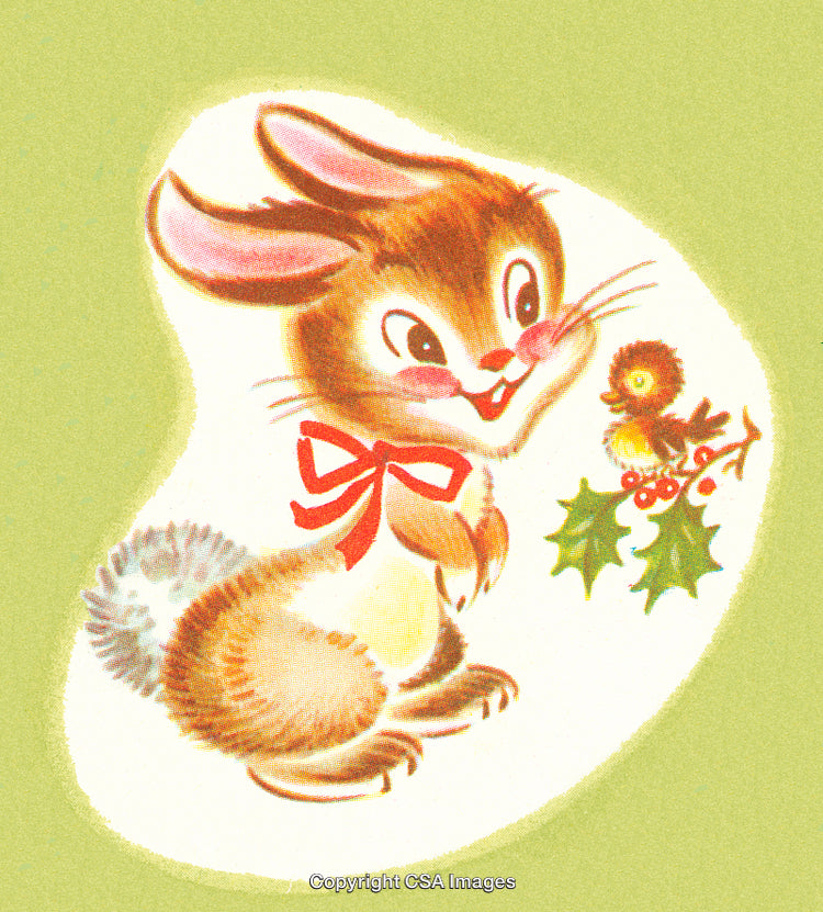 Adorable Bunny With A Bow and Bird on Festive Green Background