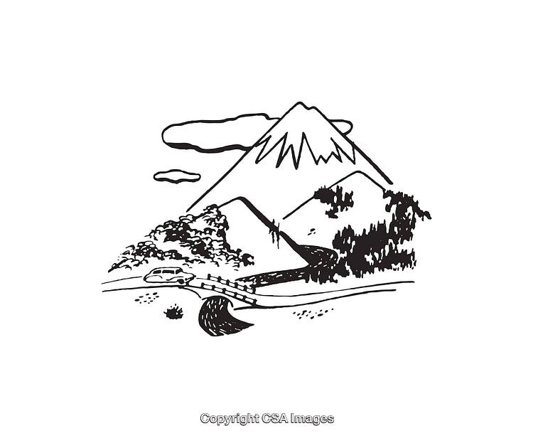Scenic Mountain and Bridge Landscape Line Art with Car and Nature