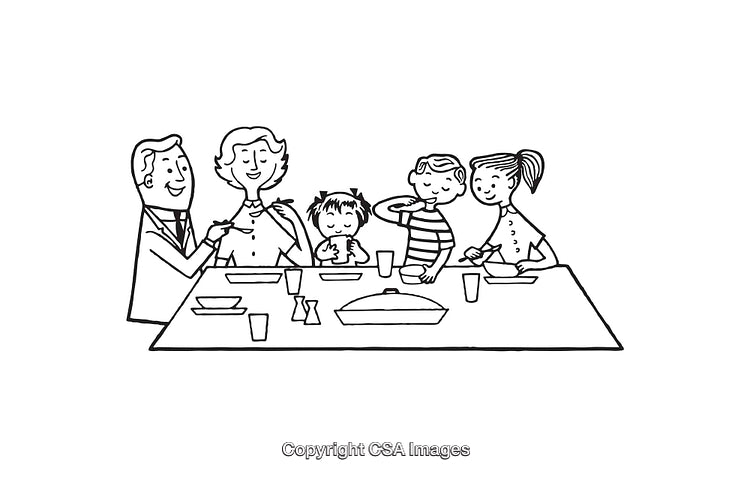 Black and White Illustration of a Family Sharing a Meal Together