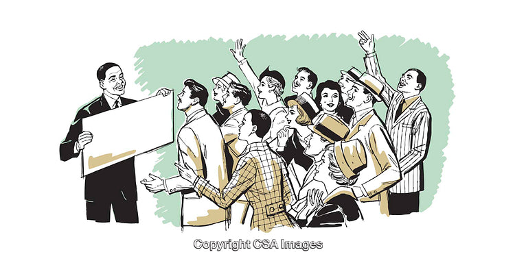 Excited Crowd Listening to Presentation in Retro Style Illustration