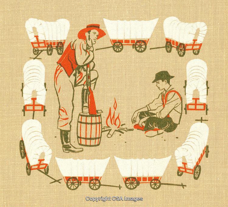 Historical Western Scene with Pioneer Wagon Campfire and Travelers