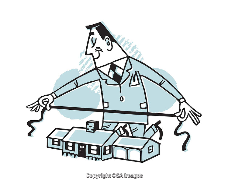 Illustration of a Businessman Appraising a Building with a Measuring Tape