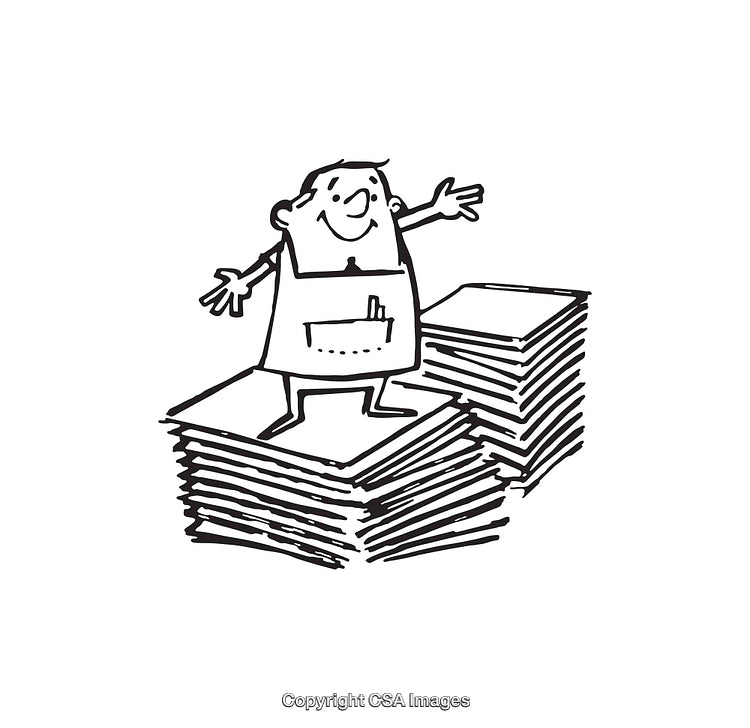 Happy Worker Standing on Stacks of Papers in Line Art Style