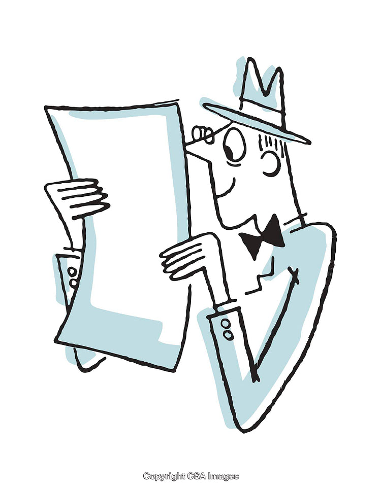 Cartoon Gentleman Reading a Paper in Snappy Color Illustration Style