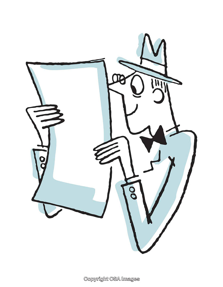 Cartoon Gentleman Reading a Paper in Snappy Color Illustration Style