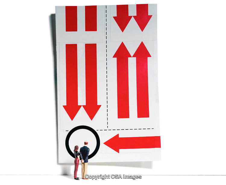 Miniature Figures Observing Large Diagram Display with Red Arrows