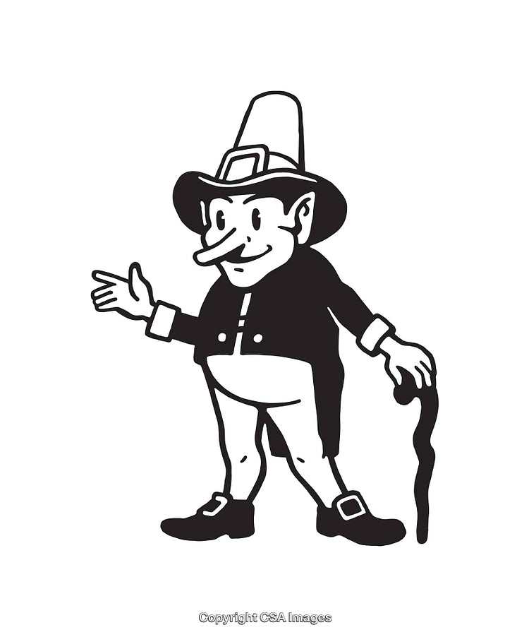 Cartoon Black and White Illustration of a Historical Character with Cane