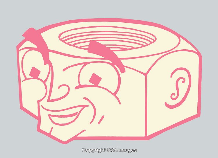 Colorful Line Art Illustration of Smiling Industrial Nut with Human Features