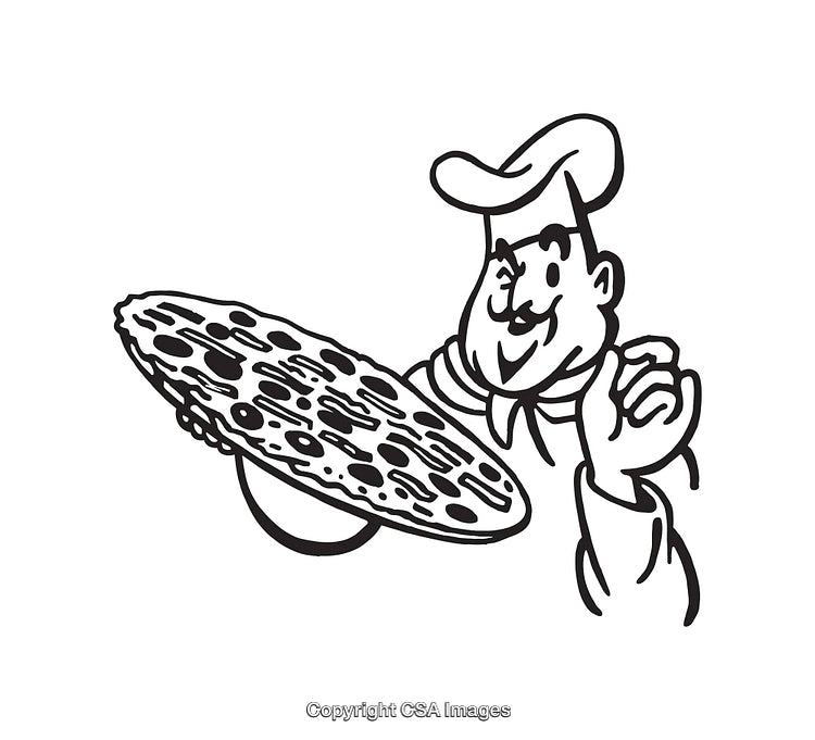Black and White Illustration of a Chef Serving a Delicious Pizza