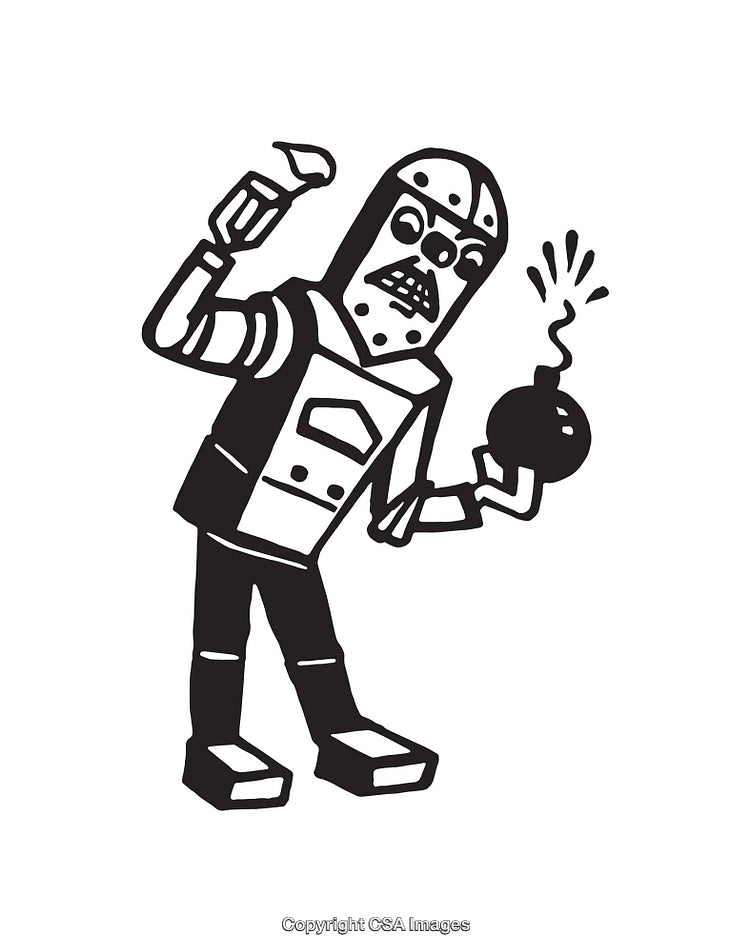 Black And White Illustration of a Robot Holding a Bomb