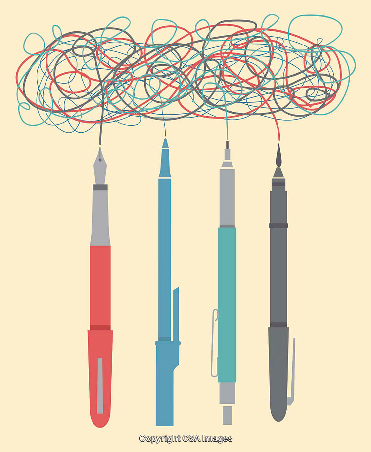 Creative Illustration of Pens with Tangled Colorful Scribbles Above Them