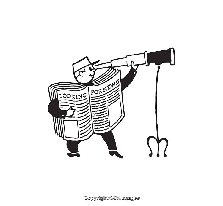 Retro Line Art Depicting Newspaper and a Searching Character