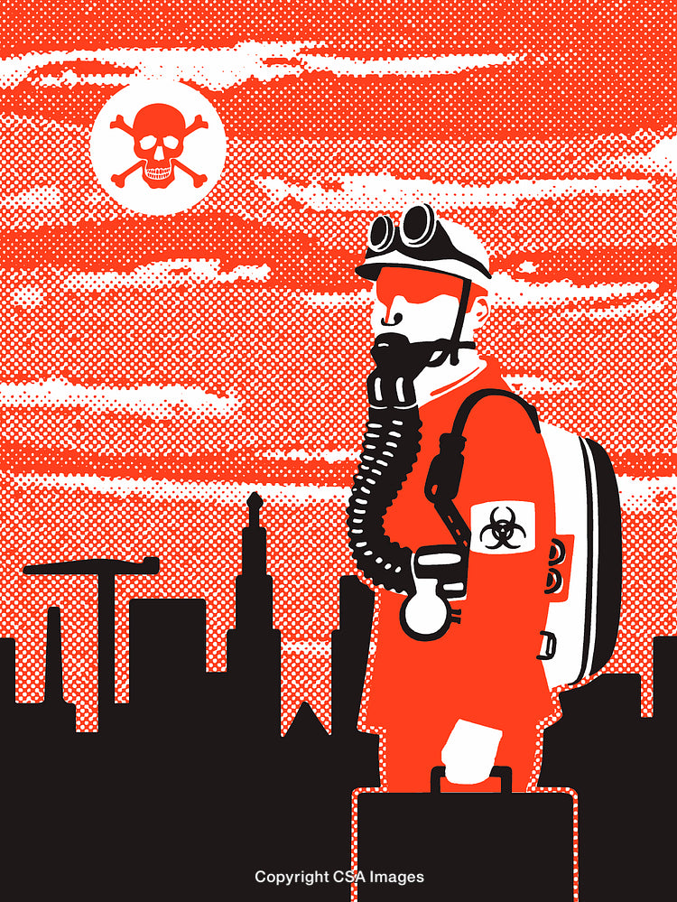 Hazmat Worker in Urban Environment With Biohazard Equipment
