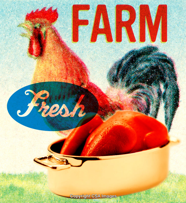 Colorful Farm-Themed Artwork Featuring Rooster Illustration and Decorative Cooking Theme