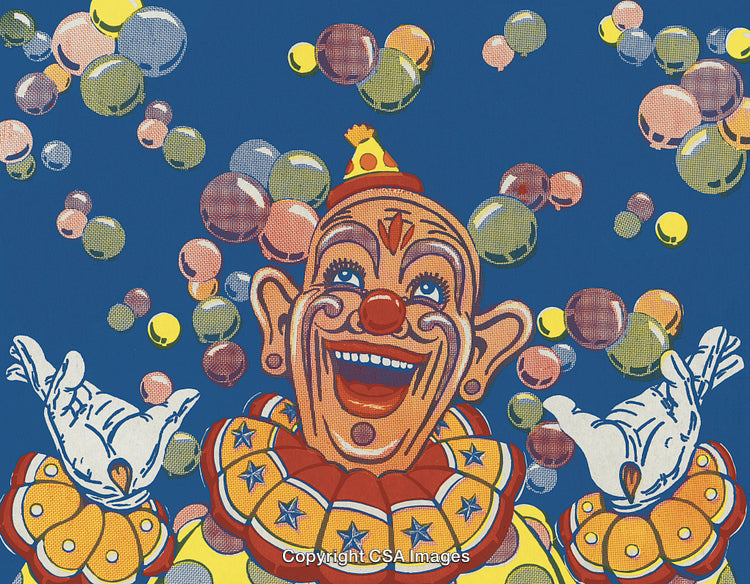 Cheerful Clown Surrounded by Colorful Bubbles in a Vintage Illustration