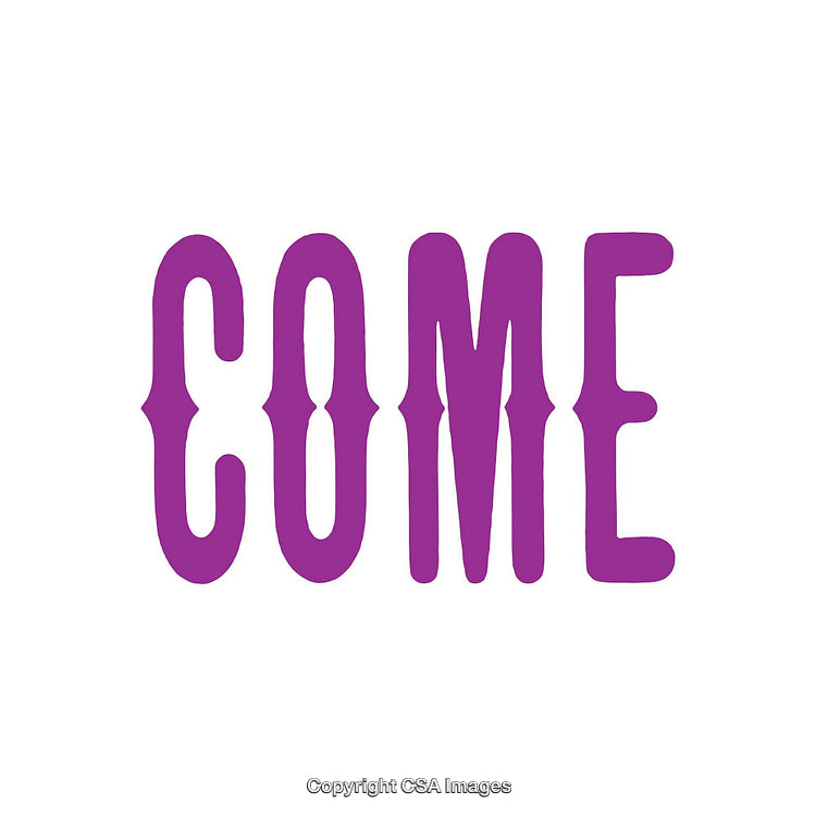 Purple Text Design Featuring the Word 'Come' in a Decorative Font