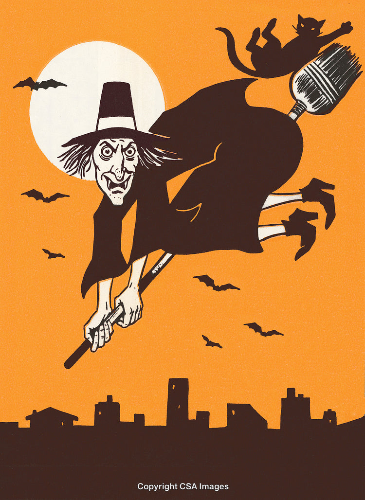 Illustration of Witch Flying on Broomstick with Moon and Cat in Background