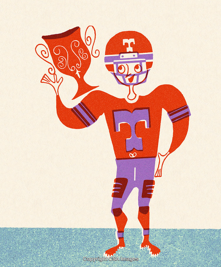 Illustration of a Cheerful Football Player Holding a Trophy in Joyful Celebration