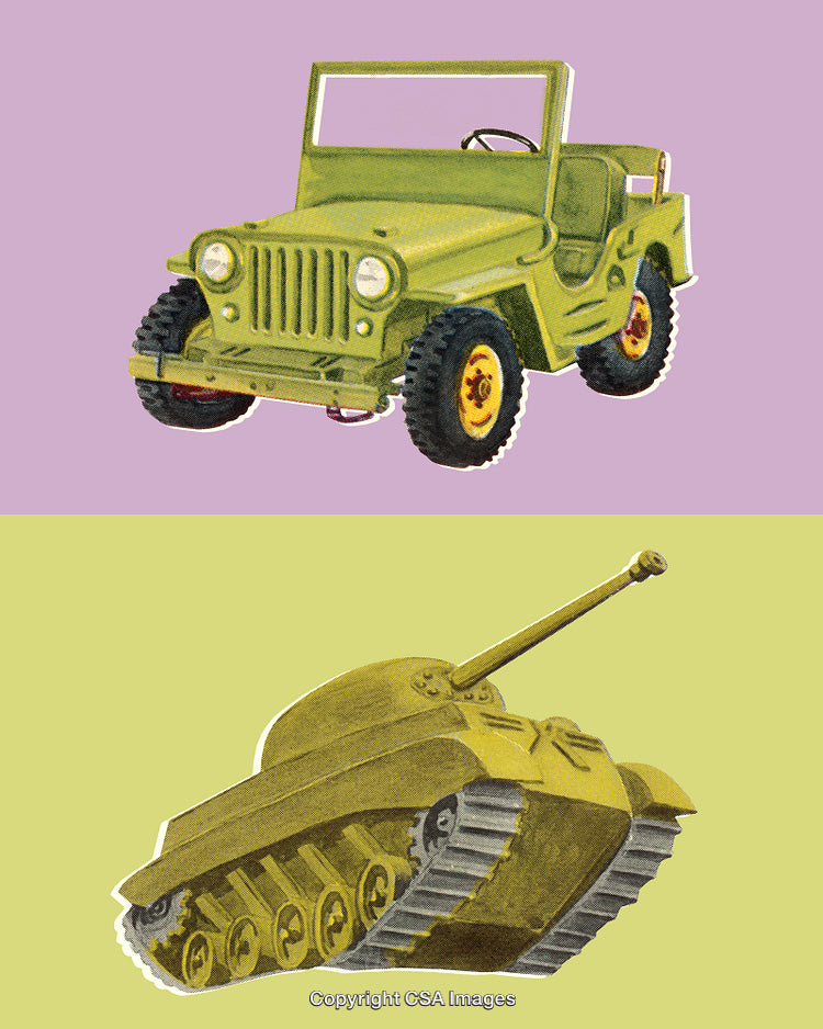 Vintage Illustration of a Jeep and Tank on Colorful Backgrounds