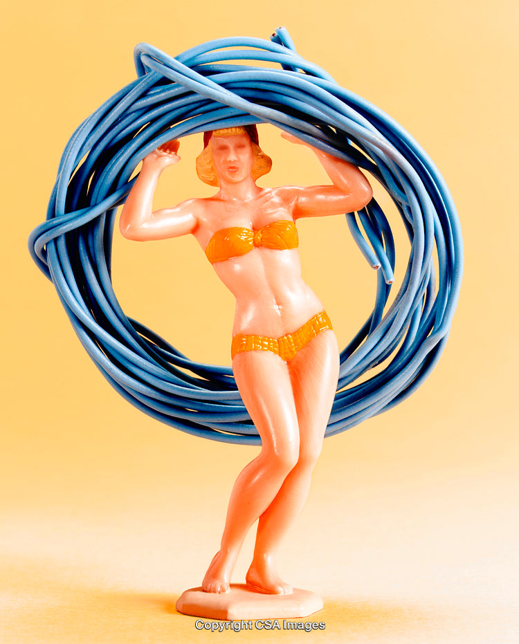 Retro Plastic Toy Lady Wrapped in Blue Cable on Yellow Background