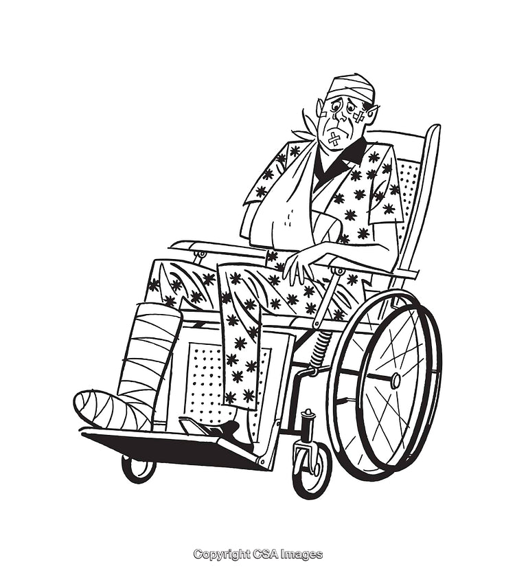 Black And White Illustration of Person in a Wheelchair with Injuries