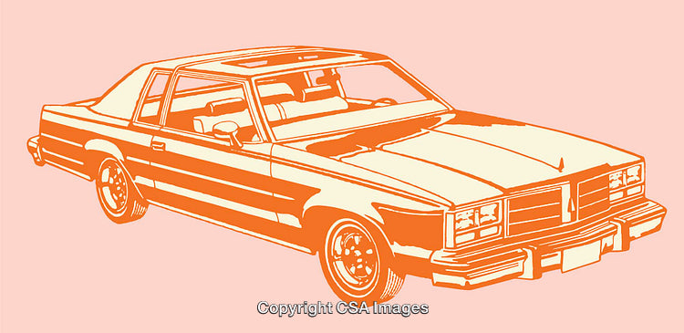 Retro Car Line Art Illustration in Orange Tones on Pink Background