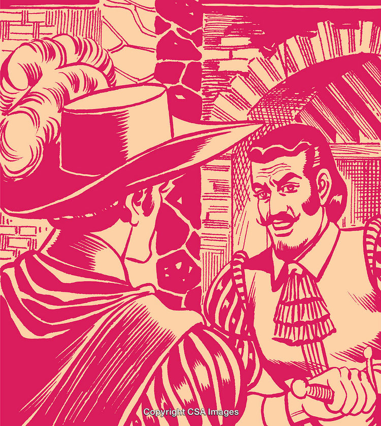 Vintage Illustrated Scene of Two Renaissance Men Engaged in Conversation