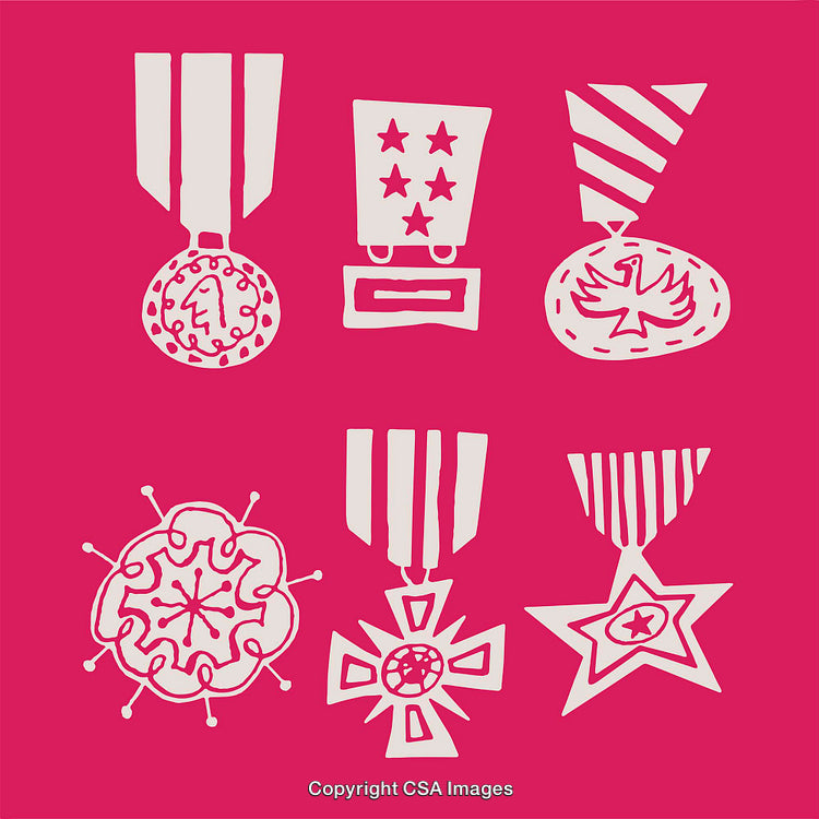 Hand-Drawn Medal Doodles Set on Vibrant Pink Background