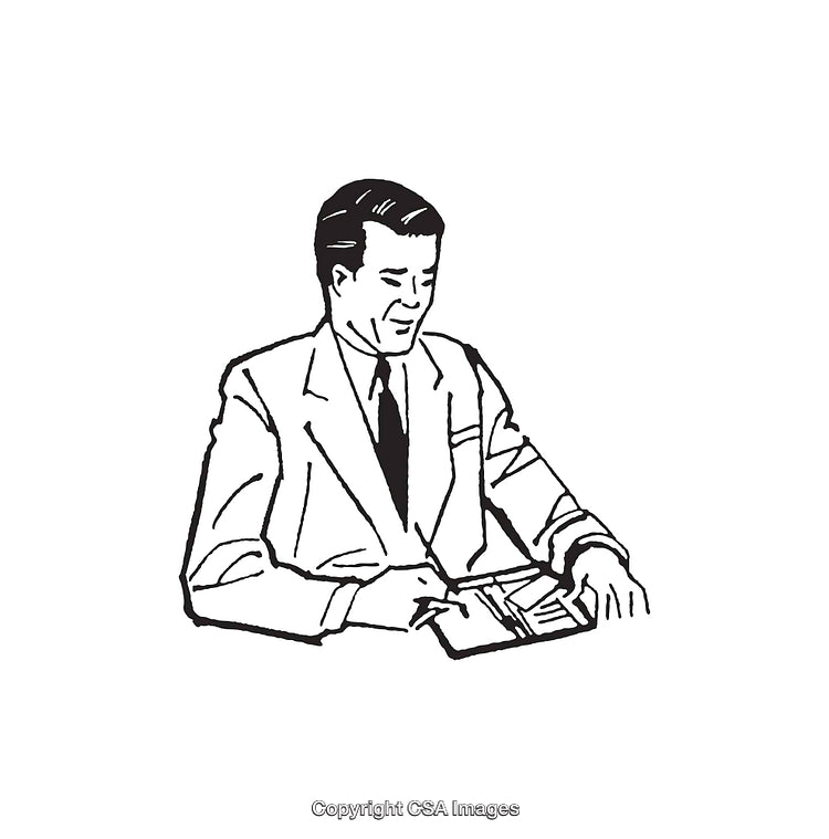 Retro Businessman Illustration in Black and White Line Art Style