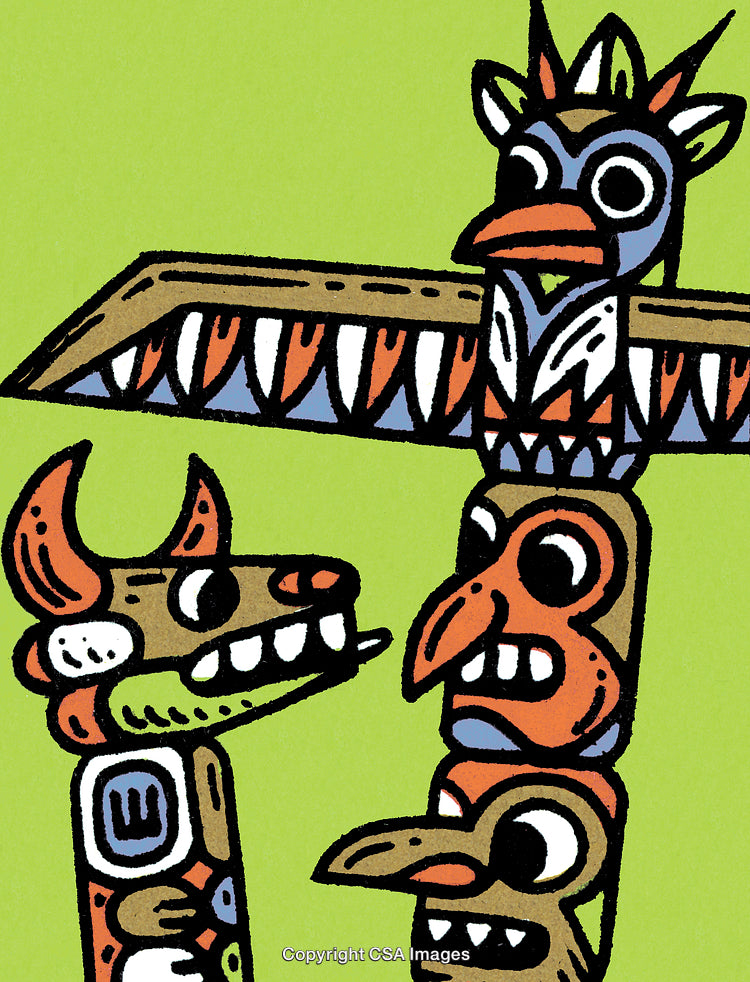 Illustration of Traditional Totem Pole with Vibrant Colors on Green Background