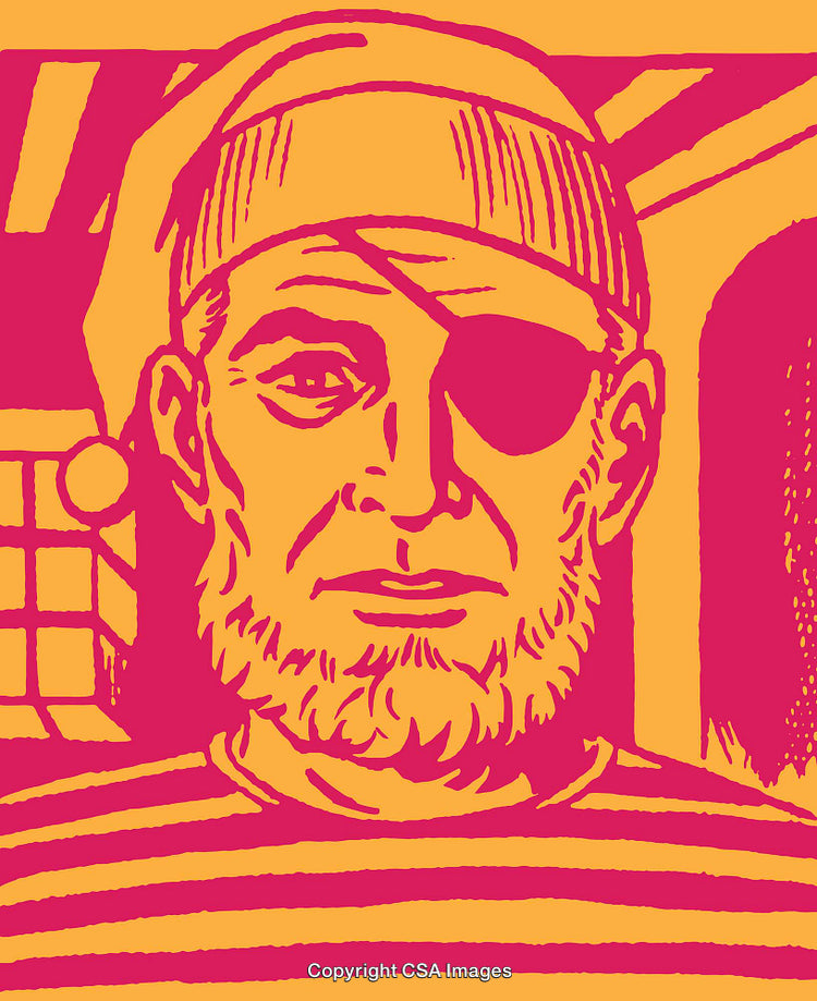 Woodblock Style Illustration of a Pirate Themed Character with Beard and Eye Patch