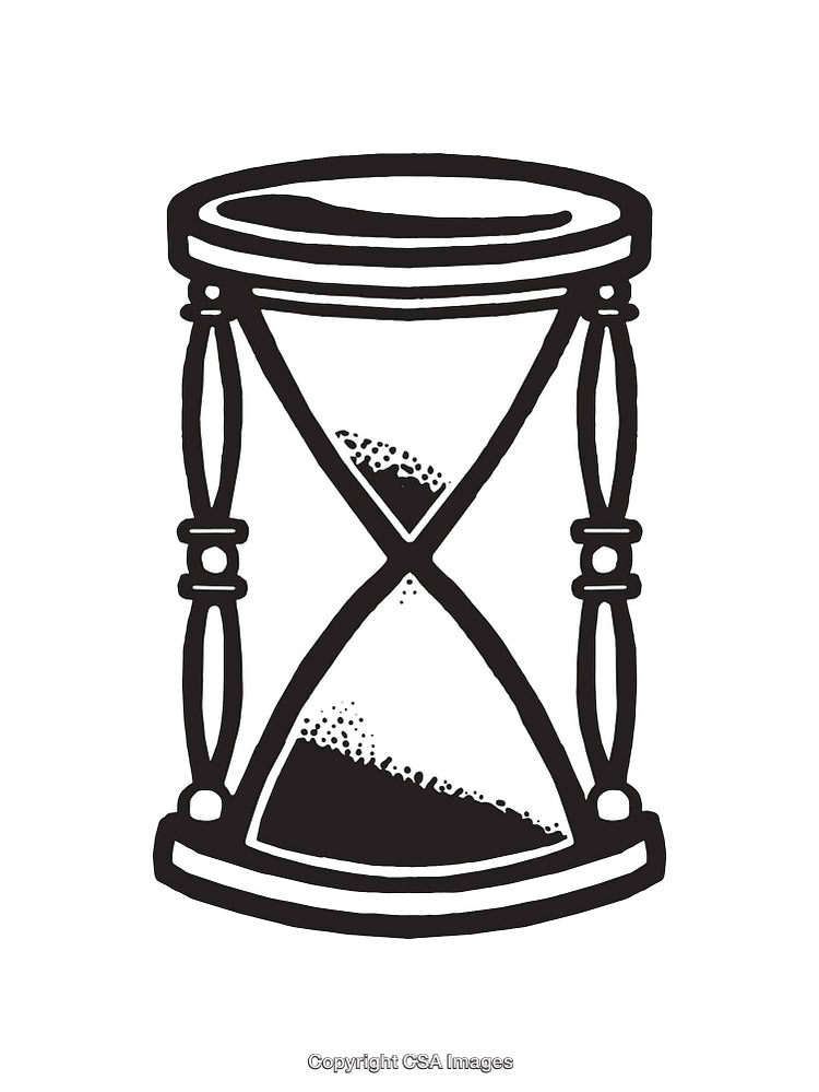 Black and White Line Art Illustration of a Sand-Filled Hourglass