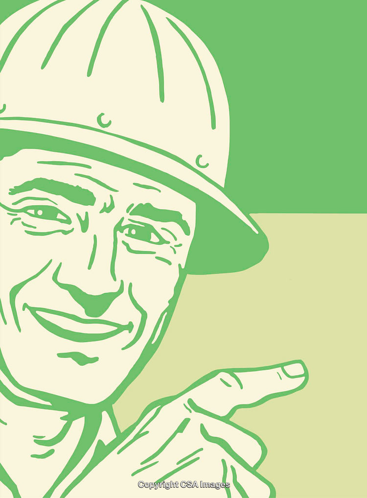 Retro Line Art Illustration of a Worker Pointing and Smiling