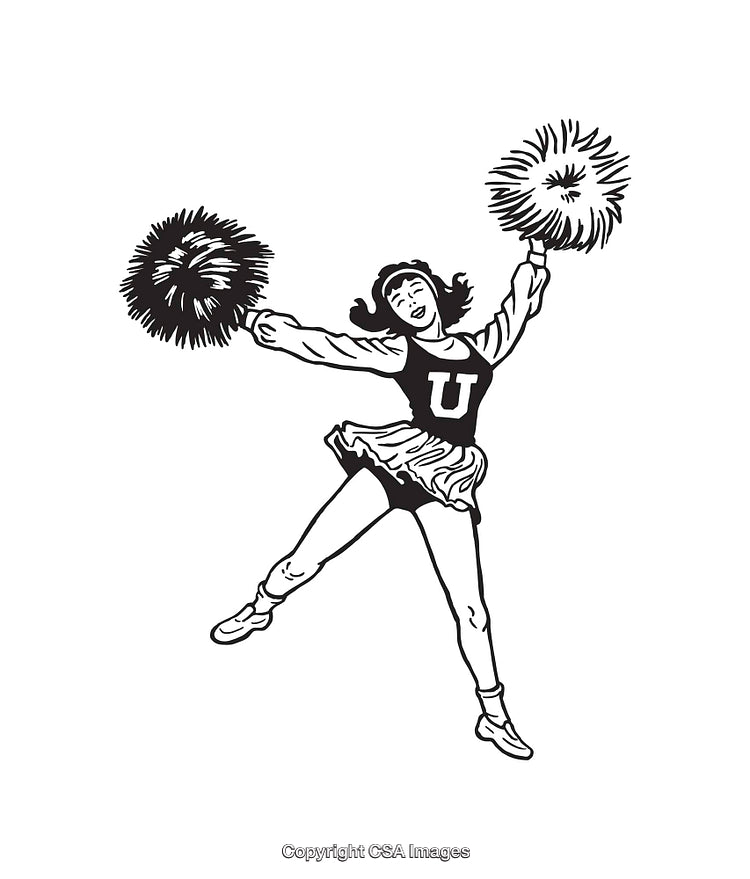 Black and White Cheerleader Line Art Illustration with Pom-Poms