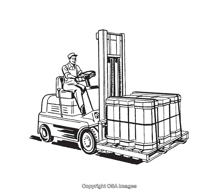 Forklift Operator Handling Palletized Goods in Black and White Line Art Illustration