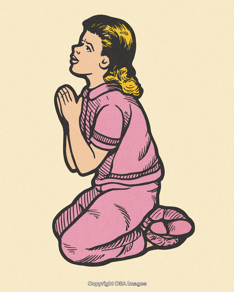 Retro Illustration of a Praying Girl in Pink Attire