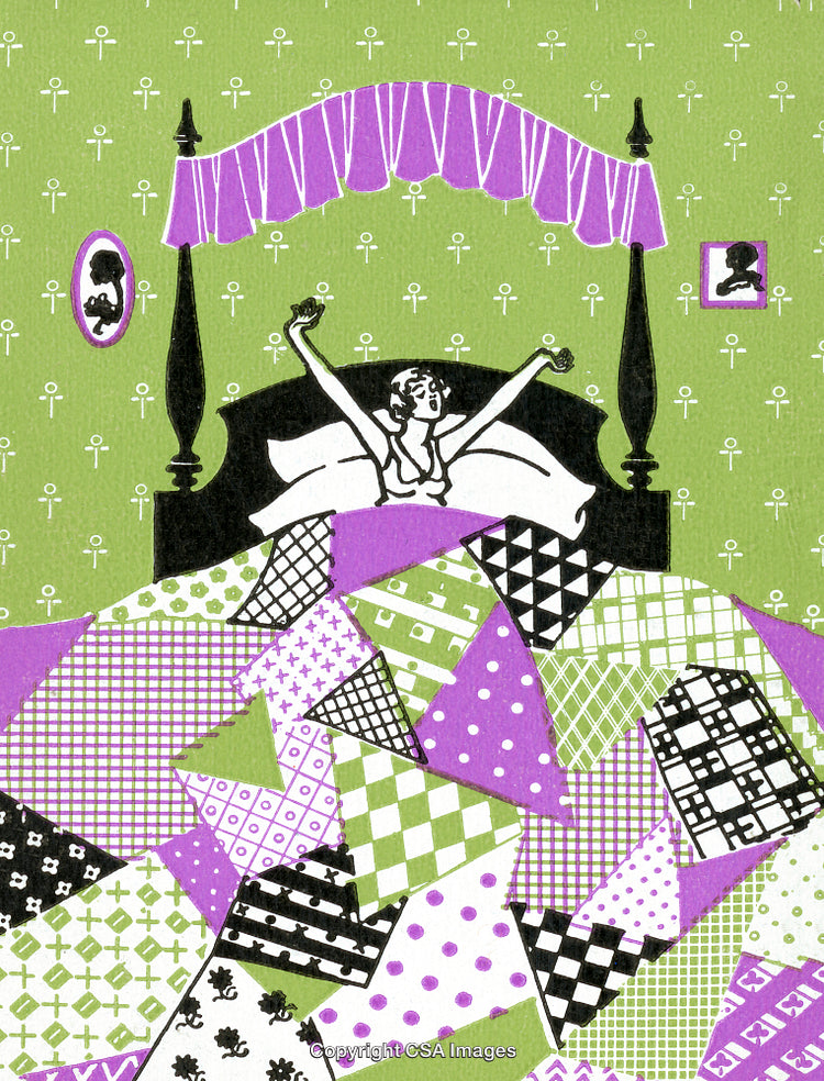 Woman Stretching in a Vibrant Patched Quilt Bed on a Stylish Morning