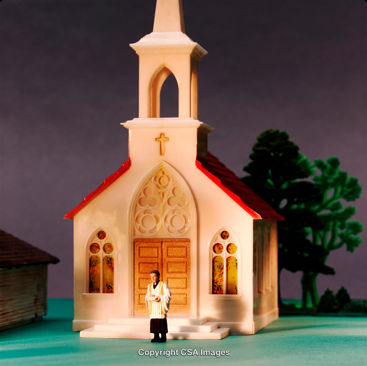 Miniature Church Scene with Priest Standing on Steps