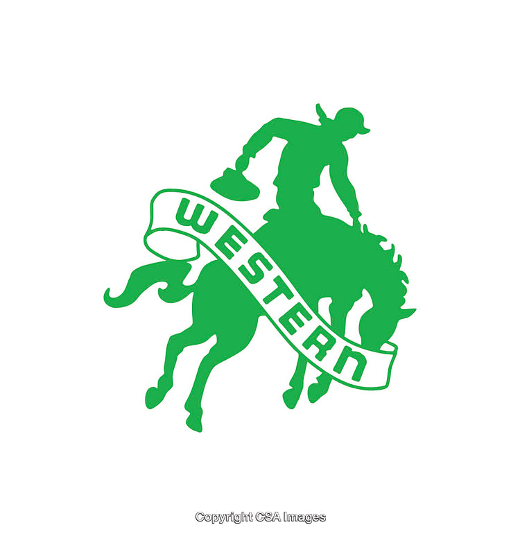 Silhouette of a Cowboy Riding a Horse with Western Ribbon Logo