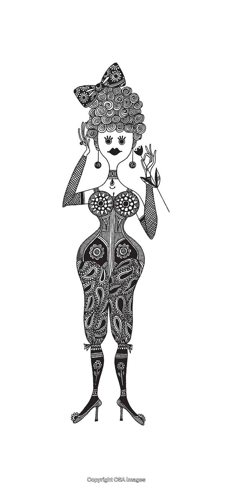 Elegant Black and White Line Art Illustration of Stylized Woman Figure