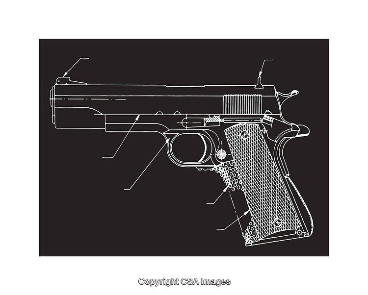 Detailed Blueprint Diagram of a Handgun on a Black Background