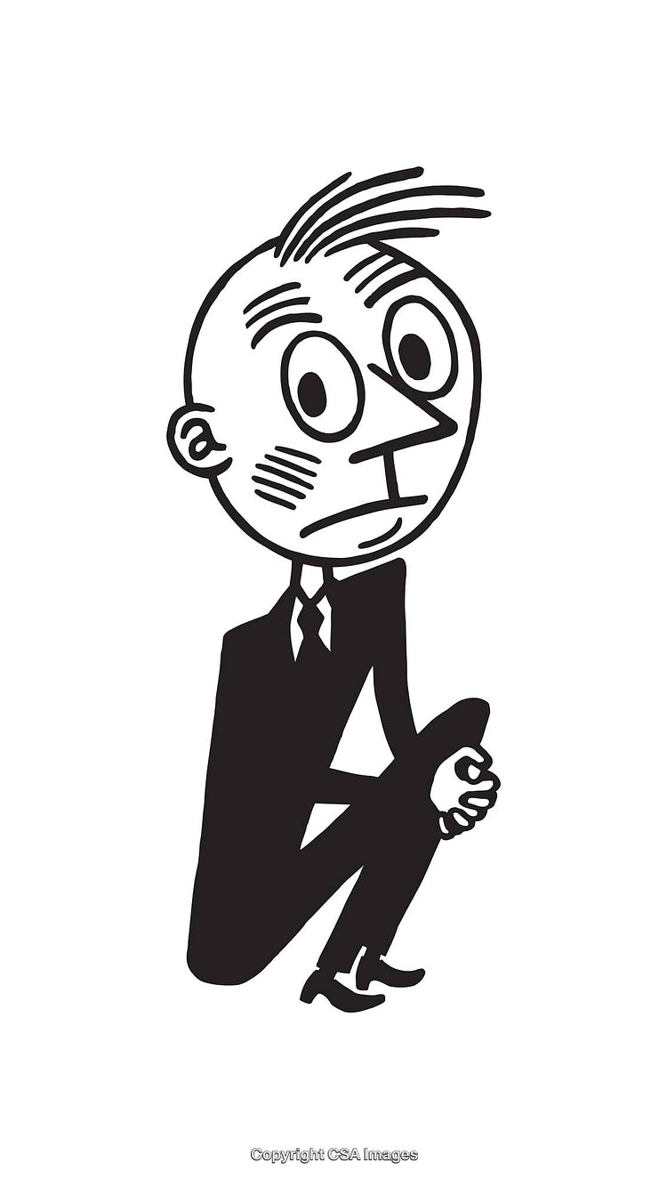 Black and White Line Art Illustration of a Seated Cartoon Man