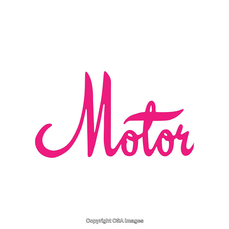 Pink Script Font Spelling the Word Motor on White Background
