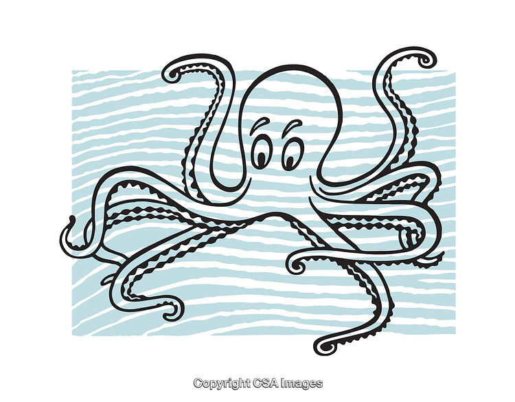 Playful Octopus Drawing With Wavy Sea Background in Cartoon Style