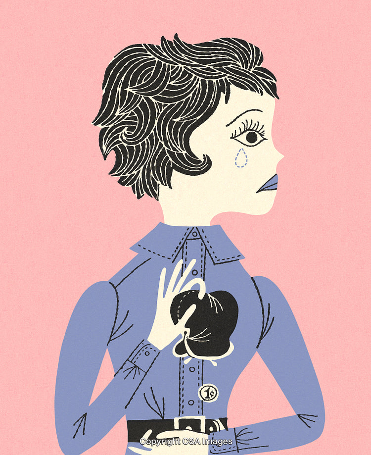 Emotional Illustration of a Woman Holding a Black Shape Against a Pink Background