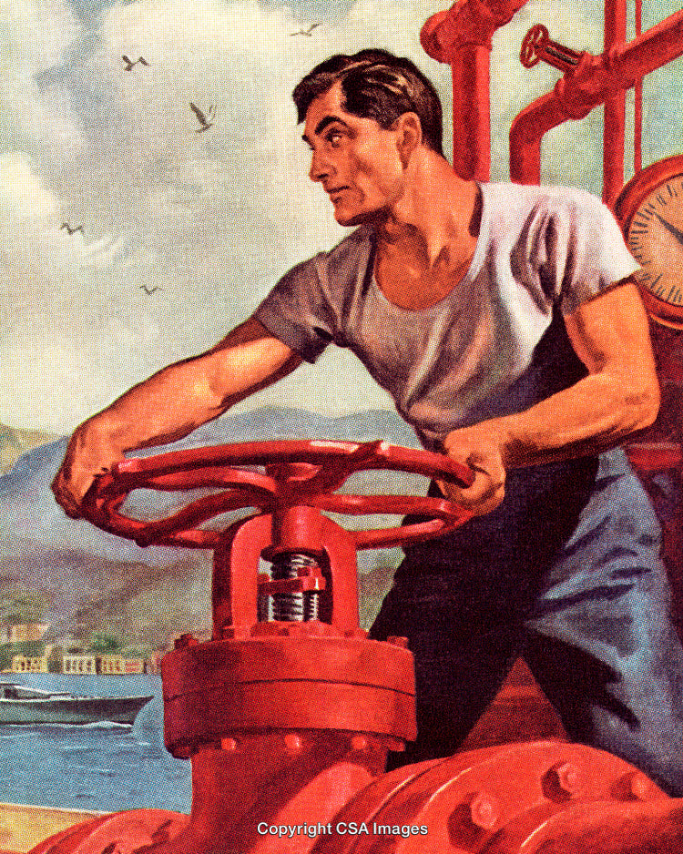 Strong Worker Operating a Valve in Industrial Environment with Ocean View