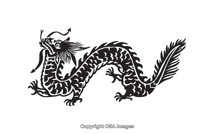 Black and White Line Art of a Decorative Dragon Design
