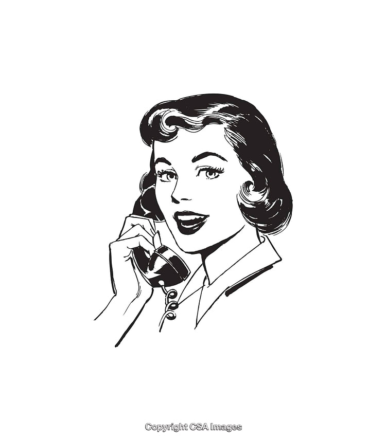 Retro Line Art Illustration of a Smiling Woman on a Telephone