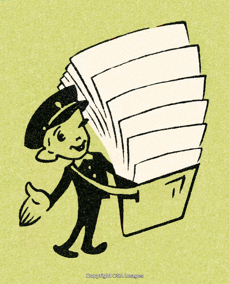 Vintage Cartoon Mail Carrier with Oversized Letter Document Stack